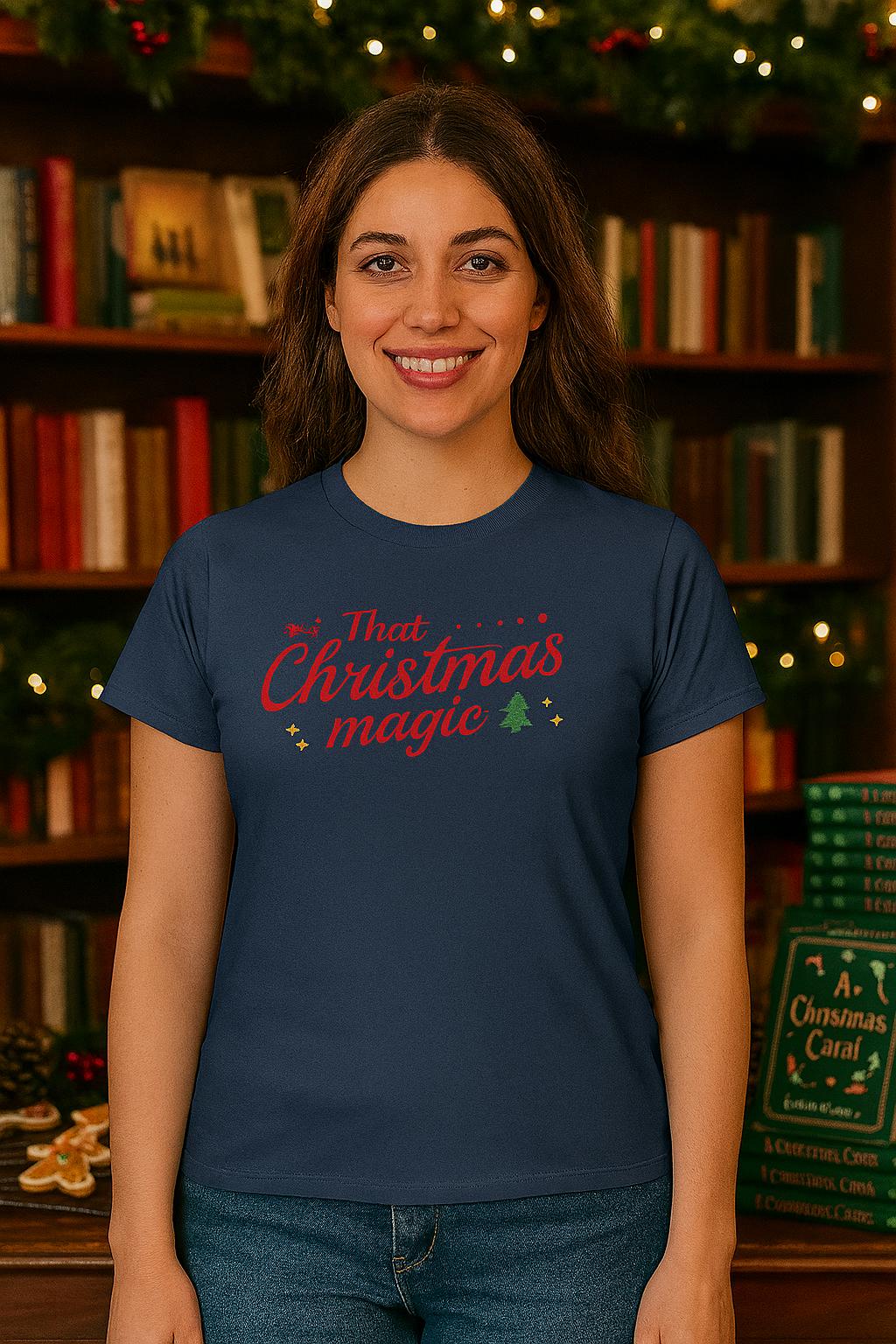 That Christmas Magic Tee | Holiday Script Typography, Small Tree Accent