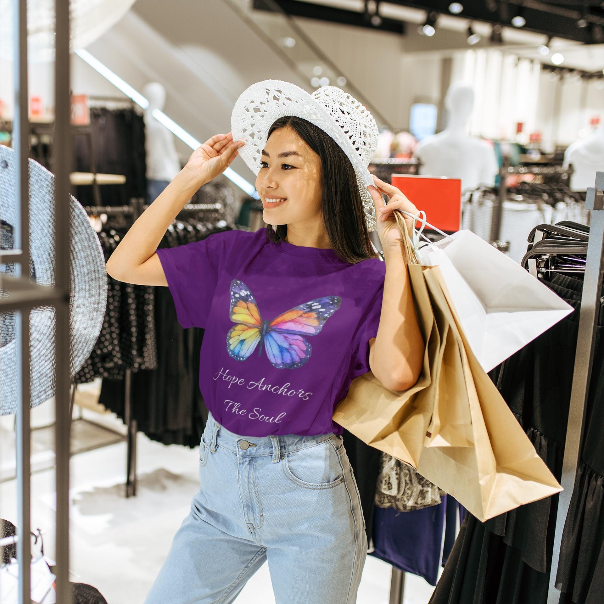 Rainbow Butterfly Hope Anchors The Soul Tee | Butterfly Graphic Shirt