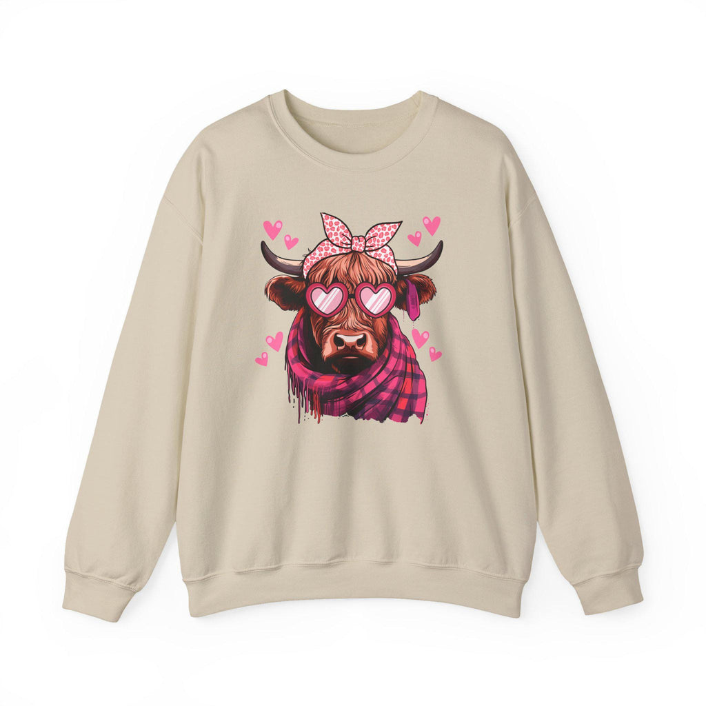 Valentine Highland Cow sweatshirt | Heart Sunglasses, Bandana, Pink Hearts