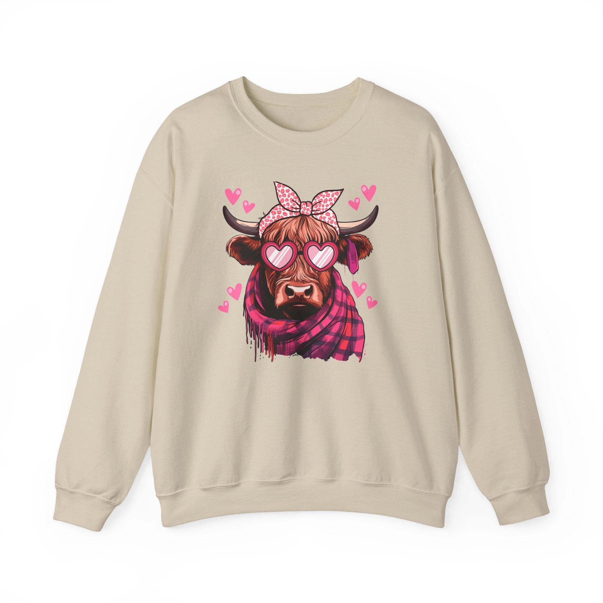 Valentine Highland Cow sweatshirt | Heart Sunglasses, Bandana, Pink Hearts