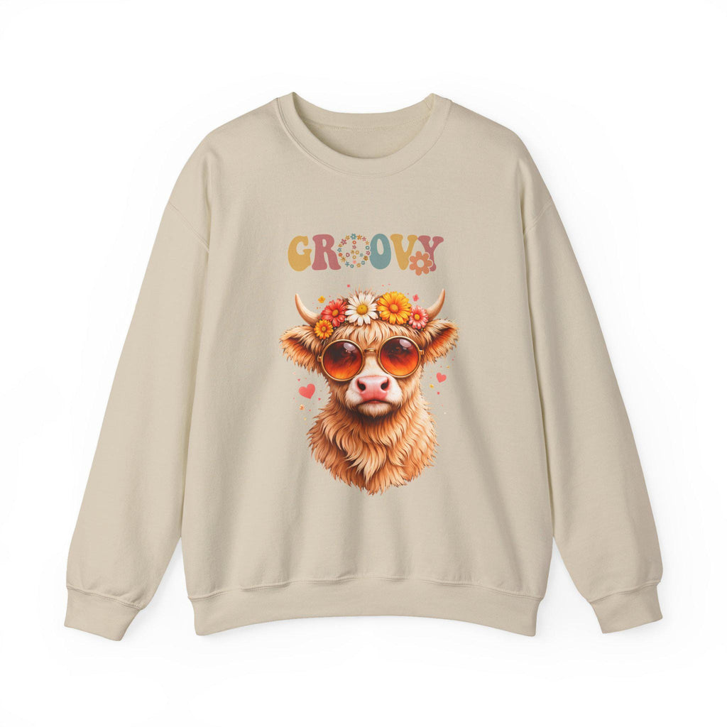 Groovy Retro Highland Cow Sweatshirt | 70s Vintage Cow Illustration